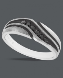 Treat him to dramatic design. Bold, round-cut black diamonds (1/5 ct. t.w.) adorn this stately men's ring. An intricate wave design adds extra flair. Set in sterling silver. Size 10-1/2. Treat him to dramatic design. Bold, round-cut black diamonds (1/5 ct. t.w.) adorn this stately men's ring. An intricate wave design adds extra flair. Set in sterling silver. Size 10-1/2.