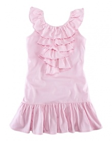 A comfortable drop-waist dress in a soft cotton blend is finished with ruffles for a preppy look. A comfortable drop-waist dress in a soft cotton blend is finished with ruffles for a preppy look.
