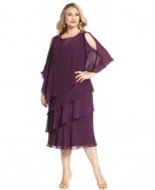 A sheer cape with beading and cutouts at the shoulders adds a sophisticated finish to SL Fashions' plus size tiered dress. A sheer cape with beading and cutouts at the shoulders adds a sophisticated finish to SL Fashions' plus size tiered dress.