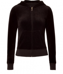 Bring high style to your casual attire with this logo-laden velour hoodie from Juicy Couture - Hooded, front zip closure, long sleeves, split kangaroo pocket, back embroidered logo detail with scarf print, slim fit - Pair with matching pants, slim jeans, or relaxed harem pants