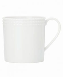 Dine with Wickford dinnerware and tie in timeless sophistication with every meal. This versatile white porcelain mug has a contemporary cylinder shape embossed around the rim with a twisting rope design. Dine with Wickford dinnerware and tie in timeless sophistication with every meal. This versatile white porcelain mug has a contemporary cylinder shape embossed around the rim with a twisting rope design.