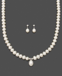 Make yourself stand out with this timelessly beautiful cultured freshwater pearl (6-9 mm) necklace and earrings set, featuring a lovely teardrop-shaped pearl center. In sterling silver. Necklace measures approximately 18 inches. Make yourself stand out with this timelessly beautiful cultured freshwater pearl (6-9 mm) necklace and earrings set, featuring a lovely teardrop-shaped pearl center. In sterling silver. Necklace measures approximately 18 inches.