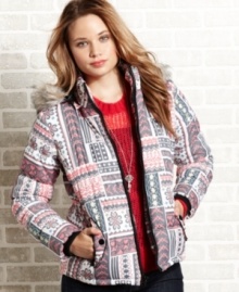 Slip into Me Jane's hooded, fair-isle-print puffer for a get-up-and-go jacket that's fun and fresh.