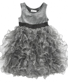 Bonnie Jean will have her adorned in a flurry of metallic ruffles with this party-ready dress. Bonnie Jean will have her adorned in a flurry of metallic ruffles with this party-ready dress.