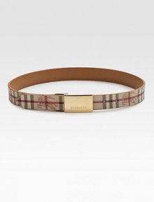 This checked style with a signature engraved buckle, reverses to a solid color for a chic and versatile design. PVCBrassWidth, about 1Made in Italy This checked style with a signature engraved buckle, reverses to a solid color for a chic and versatile design. PVCBrassWidth, about 1Made in Italy