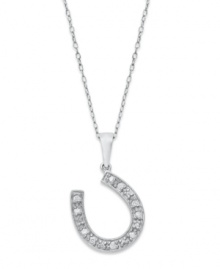 Giddy up and lots of luck! A horseshoe-shaped pendant makes the perfect good luck charm, especially when it's decorated with round-cut diamonds (1/10 ct. t.w.). Set in sterling silver with a rhodium-plated chain. Approximate length: 18 inches. Approximate drop length: 9/10. Approximate drop width: 1/2 inch. Giddy up and lots of luck! A horseshoe-shaped pendant makes the perfect good luck charm, especially when it's decorated with round-cut diamonds (1/10 ct. t.w.). Set in sterling silver with a rhodium-plated chain. Approximate length: 18 inches. Approximate drop length: 9/10. Approximate drop width: 1/2 inch.