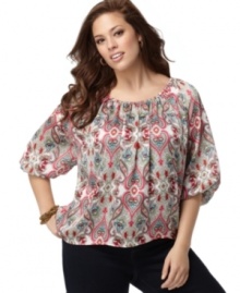 Peasant tops are must-haves for an on-trend bohemian look, so snag NY Collection's three-quarter sleeve plus size style!