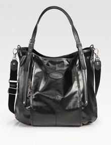 Glossy and textured coated canvas with beautiful pebbled leather trim in a roomy carryall design.Double adjustable leather top handles, 2½-9½ dropDetachable adjustable shoulder strap, 12-18¾ dropSnap button closureProtective metal feetOne inside zip pocketOne inside open pocketFully lined13W X 10½H X 8DMade in Italy Glossy and textured coated canvas with beautiful pebbled leather trim in a roomy carryall design.Double adjustable leather top handles, 2½-9½ dropDetachable adjustable shoulder strap, 12-18¾ dropSnap button closureProtective metal feetOne inside zip pocketOne inside open pocketFully lined13W X 10½H X 8DMade in Italy