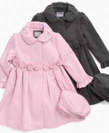 Sweet rosettes complement the cute look of this S. Rothschild jacket, with a matching hat to keep her warm this winter. Sweet rosettes complement the cute look of this S. Rothschild jacket, with a matching hat to keep her warm this winter.