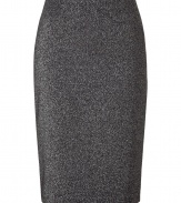 Glam-up your office look with this stylish pencil skirt - Designed in black and silver acrylic-wool mix with a slight gloss - Slim cut falls just above the knee for a classic look - Features concealed back zip, darts at waist and back slit - Pair with chic silk blouse and heels