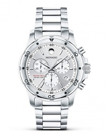 This Movado bracelet chronograph watch is crafted of solid Performance Steel™ and powered by a precise Swiss quartz chronograph movement. With rotating bezel, silvertone dial, applied markers and butterfly deployment clasp. This Movado bracelet chronograph watch is crafted of solid Performance Steel™ and powered by a precise Swiss quartz chronograph movement. With rotating bezel, silvertone dial, applied markers and butterfly deployment clasp.