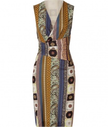 Luxurious dress in fine silk stretch - Wonderfully soft, pleasant quality - Typical Etro paisley print, elegant in mustard brown multi color - Slim and comfortably cut in a feminine wrap look, figure-flattering draped waist - V-neckline, moderately wide straps, about knee-length skirt - Stages womanly curves, looks particularly great on women who want to show off their d?collet? and bust - Wear with pumps, peep toes or booties