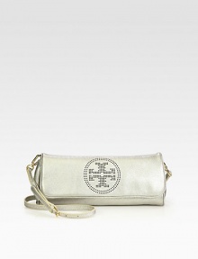 An elegant metallic leather style with a perforated logo emblem and versatile detachable strap.Detachable adjustable shoulder strap, 22½-24½ dropMagnetic snap flap closureOne inside zip pocketCotton lining11W X 5H X 1½DImported An elegant metallic leather style with a perforated logo emblem and versatile detachable strap.Detachable adjustable shoulder strap, 22½-24½ dropMagnetic snap flap closureOne inside zip pocketCotton lining11W X 5H X 1½DImported