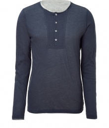 Stylish long sleeve t-shirt in fine, bi-color cashmere and cotton blend - Classically cool in blue and grey - Ultra-soft and lightweight - On-trend, double layer style with crew neck and button placket - Long and lean cut - A great basic ideal for layering or wearing solo - Pair with jeans and a blazer, chinos and sneakers or shorts and flip flops