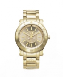 A hidden treasure in plain sight, by Juicy Couture. HRH watch crafted of gold tone stainless steel bracelet and round case with numeral-etched bezel. Gold tone dial with inner textured gold tone dial features rose gold tone stick indices, minute track, luminous hands and iconic crown logo. Quartz movement. Water resistant to 30 meters. Two-year limited warranty. A hidden treasure in plain sight, by Juicy Couture. HRH watch crafted of gold tone stainless steel bracelet and round case with numeral-etched bezel. Gold tone dial with inner textured gold tone dial features rose gold tone stick indices, minute track, luminous hands and iconic crown logo. Quartz movement. Water resistant to 30 meters. Two-year limited warranty.
