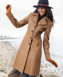 Nine West tailors a classic walker coat with modern updates like a gently-flared silhouette and a nipped-in waist for a feminine look. Nine West tailors a classic walker coat with modern updates like a gently-flared silhouette and a nipped-in waist for a feminine look.
