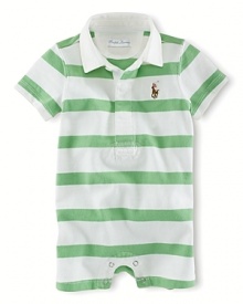 Soft cotton jersey coverall with a sporty rugby collar and bright stripe for an adorably preppy look. Soft cotton jersey coverall with a sporty rugby collar and bright stripe for an adorably preppy look.