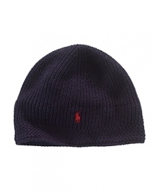 A cotton skull hat is perfect for colder days with a fleece-lined brim and accented with an embroidered pony. A cotton skull hat is perfect for colder days with a fleece-lined brim and accented with an embroidered pony.
