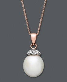 Polished perfection. This classic pendant features a cultured freshwater pearl (9-10 mm) capped with sparkling diamond accents. Setting and chain crafted in 14k rose gold. Approximate length: 18 inches. Approximate drop: 3/4 inch. Polished perfection. This classic pendant features a cultured freshwater pearl (9-10 mm) capped with sparkling diamond accents. Setting and chain crafted in 14k rose gold. Approximate length: 18 inches. Approximate drop: 3/4 inch.