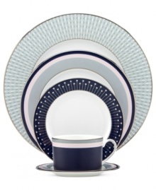 Special occasions shape up chic with the platinum-banded china of Mercer Drive dinnerware. Geometric designs and bands of color straddle the line between fun and formal in a place setting that's quintessential kate spade new york. Special occasions shape up chic with the platinum-banded china of Mercer Drive dinnerware. Geometric designs and bands of color straddle the line between fun and formal in a place setting that's quintessential kate spade new york.
