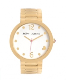 Betsey Johnson sweetens up a classic design with one tiny heart. Watch crafted of polished gold tone stainless steel bracelet and round case. White dial features gold tone numerals at twelve and six o'clock, dot markers, heart marker at four o'clock, gold tone hour and minute hands, signature fuchsia second hand and logo. Quartz movement. Water resistant to 30 meters. Two-year limited warranty. Betsey Johnson sweetens up a classic design with one tiny heart. Watch crafted of polished gold tone stainless steel bracelet and round case. White dial features gold tone numerals at twelve and six o'clock, dot markers, heart marker at four o'clock, gold tone hour and minute hands, signature fuchsia second hand and logo. Quartz movement. Water resistant to 30 meters. Two-year limited warranty.