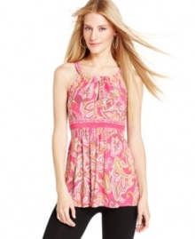 Easy-to-wear (and easy-to-pack) stretch jersey makes INC's petite paisley-print top a must-have for the warmer months.