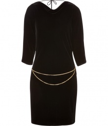 Simple and stunning, Juicy Coutures open back velvet dress lends a sleek and sexy finish to your Little Black Dress collection - Cowl neckline, open back with tie at nape, gold-toned aglets, 3/4 sleeves, button-detailed cuffs, gold-toned adjustable chain-link metal belt with logo charm - Loosely fitted top, form-fitting skirt - Wear with pointy-toe pumps and a sleek leather clutch Simple and stunning, Juicy Coutures open back velvet dress lends a sleek and sexy finish to your Little Black Dress collection - Cowl neckline, open back with tie at nape, gold-toned aglets, 3/4 sleeves, button-detailed cuffs, gold-toned adjustable chain-link metal belt with logo charm - Loosely fitted top, form-fitting skirt - Wear with pointy-toe pumps and a sleek leather clutch