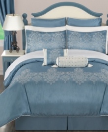With a refreshing blue color and elegant design, this Geneva comforter set brings pure sophistication to the bedroom. A beautiful silver hue lends an enchanting element while the set comes complete, including sheet set and window treatments, for a total room redo. With a refreshing blue color and elegant design, this Geneva comforter set brings pure sophistication to the bedroom. A beautiful silver hue lends an enchanting element while the set comes complete, including sheet set and window treatments, for a total room redo.