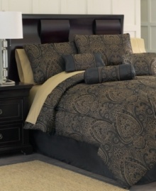 A majestic sight. Give your space the royal treatment with this jacquard woven Palace comforter set, featuring intricate designs in a black and tan color scheme for a regal presentation with a touch of elegance. Shams, bedskirt and a trio of decorative pillows complete the look. A majestic sight. Give your space the royal treatment with this jacquard woven Palace comforter set, featuring intricate designs in a black and tan color scheme for a regal presentation with a touch of elegance. Shams, bedskirt and a trio of decorative pillows complete the look.