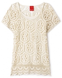 Boho chic, this open crochet sweater features a scoop neck and cami underlayer - great with jeans or a flowy skirt. Boho chic, this open crochet sweater features a scoop neck and cami underlayer - great with jeans or a flowy skirt.