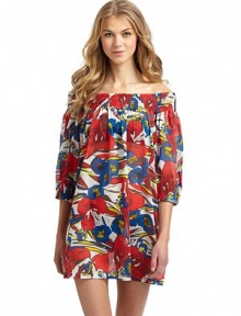 THE LOOKTropical floral printOff-the-shoulder styleSmocked necklineThree-quarter length sleeves with elastic cuffsA-line styleTHE FITAbout 36 from shoulder to hemTHE MATERIALCottonCARE & ORIGINMachine washImportedModel shown is 5'11 (180cm) wearing US size Small. THE LOOKTropical floral printOff-the-shoulder styleSmocked necklineThree-quarter length sleeves with elastic cuffsA-line styleTHE FITAbout 36 from shoulder to hemTHE MATERIALCottonCARE & ORIGINMachine washImportedModel shown is 5'11 (180cm) wearing US size Small.