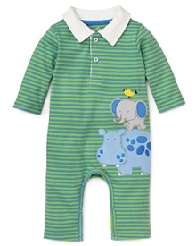 A picture-perfect romper from Kitestrings by Hartstrings, it's all about singing stripes, delightful animal appliques and a proper polo collar and placket. A picture-perfect romper from Kitestrings by Hartstrings, it's all about singing stripes, delightful animal appliques and a proper polo collar and placket.