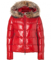 Stay warm while maintaining your impeccable style in this lightweight yet luxe down jacket from Duvetica - Fur-lined hood, front two-way zip closure, long sleeves, zip pockets, quilted - Wear with an elevated jeans-and-tee ensemble and shearling lined boots