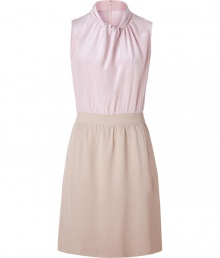 This elegant and versatile dress in fine viscose silk blend goes from work to dinner to party - Stylish in pale pink and sesame brown - Slim silhouette with feminine, draped shawl-neck and contrasting thigh-length skirt - Sleeveless - Pair with peep toe heels and a light cardigan on a cool night out