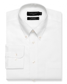 Long sleeve dress shirt with point, button down collar. Single needle tailoring, angle cut barrel cuffs with two buttons to resize width. Chest pocket. Textured solid white. Long sleeve dress shirt with point, button down collar. Single needle tailoring, angle cut barrel cuffs with two buttons to resize width. Chest pocket. Textured solid white.