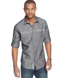 Get your summer swagger with the cool casual look of this striped short-sleeved shirt from Marc Ecko Cut & Sew.