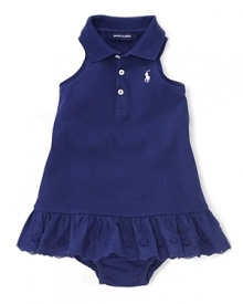 The classic cotton mesh polo dress is given a sweet warm-weather look in a sleeveless silhouette with a cute eyelet skirt.Ribbed polo collar. The classic cotton mesh polo dress is given a sweet warm-weather look in a sleeveless silhouette with a cute eyelet skirt.Ribbed polo collar.