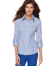 This Jones New York Signature shirt will have you seeing double, thanks to subtle details like a double point collar and double cuffs! Allover stripes with a contrasting zebra print tops off this inspired look. This Jones New York Signature shirt will have you seeing double, thanks to subtle details like a double point collar and double cuffs! Allover stripes with a contrasting zebra print tops off this inspired look.