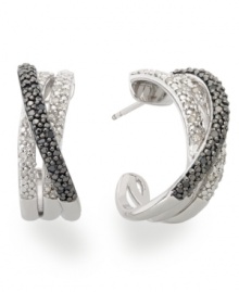 Crisscrossed and totally chic! These unique hoop earrings are highlighted by round-cut white diamonds (1/4 ct. t.w.) and black diamonds (1/4 ct. t.w.). Set in sterling silver. Approximate diameter: 3/4 inch. Crisscrossed and totally chic! These unique hoop earrings are highlighted by round-cut white diamonds (1/4 ct. t.w.) and black diamonds (1/4 ct. t.w.). Set in sterling silver. Approximate diameter: 3/4 inch.