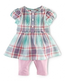 Designed in a pretty pastel palette, this adorable coordinating set pairs a plaid cotton twill tunic with a solid stretch legging for the perfect warm-weather ensemble. Designed in a pretty pastel palette, this adorable coordinating set pairs a plaid cotton twill tunic with a solid stretch legging for the perfect warm-weather ensemble.