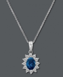Royally chic. Le Vian's stunning pendant combines a round-cut sapphire (1 ct. t.w.) encircled by round-cut diamonds (3/8 ct. t.w.). Set in 14k white gold. Approximate length: 18 inches. Approximate drop: 3/4 inch. Royally chic. Le Vian's stunning pendant combines a round-cut sapphire (1 ct. t.w.) encircled by round-cut diamonds (3/8 ct. t.w.). Set in 14k white gold. Approximate length: 18 inches. Approximate drop: 3/4 inch.