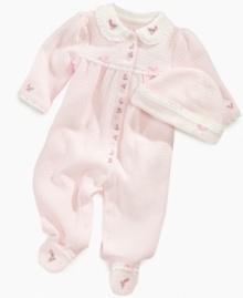 Sweet details set her up with precious style in this comfortable quilted, footed coverall from Little Me. Sweet details set her up with precious style in this comfortable quilted, footed coverall from Little Me.