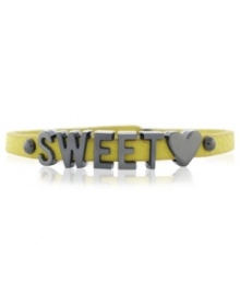 Sweetheart appeal. This bracelet from BCBGeneration is crafted from hematite-tone mixed metal and mustard-colored PVC for a stylish touch to let you know you're loved. Approximate length: 8 inches. Sweetheart appeal. This bracelet from BCBGeneration is crafted from hematite-tone mixed metal and mustard-colored PVC for a stylish touch to let you know you're loved. Approximate length: 8 inches.