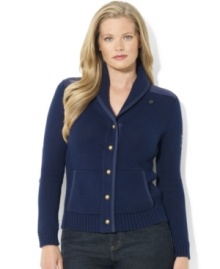 Lauren Ralph Lauren's plus size soft combed cotton cardigan is finished with twill trim at the placket and an anchor patch at the shoulder for nautical style.