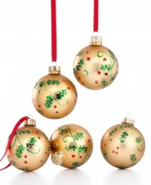 Give your tree a little extra green with Martha Stewart Collection ornaments trimmed in boughs of holly and glitter. With a warm, matte gold finish. Give your tree a little extra green with Martha Stewart Collection ornaments trimmed in boughs of holly and glitter. With a warm, matte gold finish.