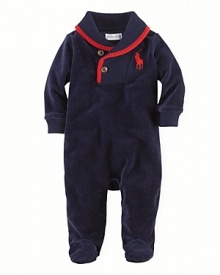 A long-sleeved footed coverall in plush velour is finished with a classic ribbed shawl collar for superior warmth. A long-sleeved footed coverall in plush velour is finished with a classic ribbed shawl collar for superior warmth.