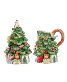 Evergreen trees with the baubles, birds and perfectly wrapped packages of Spode's historic dinnerware pattern, the Christmas Tree Prestige sugar and creamer set from this collection of serveware and serving dishes is a festive gift to holiday dining. Evergreen trees with the baubles, birds and perfectly wrapped packages of Spode's historic dinnerware pattern, the Christmas Tree Prestige sugar and creamer set from this collection of serveware and serving dishes is a festive gift to holiday dining.