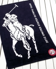 Celebrate the Olympics in preppy Lauren Ralph Lauren style. This Pony Olympic beach towel features a large-scale polo player with the United States Olympic logo all in a patriotic color palette.