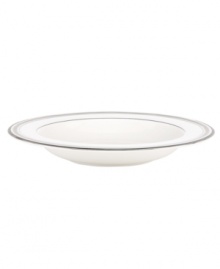 Dressed in soft grays and ribbons of platinum, the Palmetto Bay rim soup bowl by kate spade makes your table a destination for modern elegance.