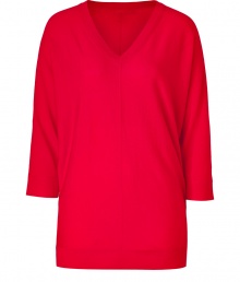 Paint bright color into your chic knitwear collection with DKNYs radiant red pullover - V-neckline, 3/4 sleeves, front and back seams, fine ribbed trim - Long, lean fit - Wear with favorite skinnies with sleek ankle boots Paint bright color into your chic knitwear collection with DKNYs radiant red pullover - V-neckline, 3/4 sleeves, front and back seams, fine ribbed trim - Long, lean fit - Wear with favorite skinnies with sleek ankle boots